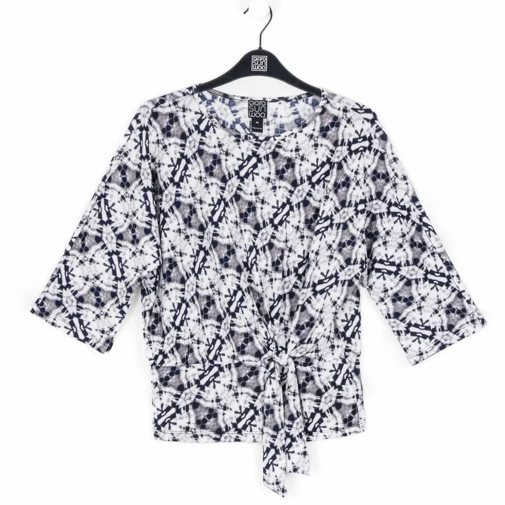 Clara Sun Woo Textured Side‎ Tie Top Circle Emblem Travel Fabric Size Small $125